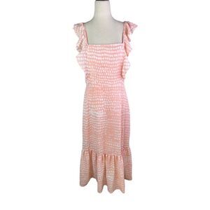 BCBG Paris dress women’s medium pink white midi sleeveless square neck ruffle